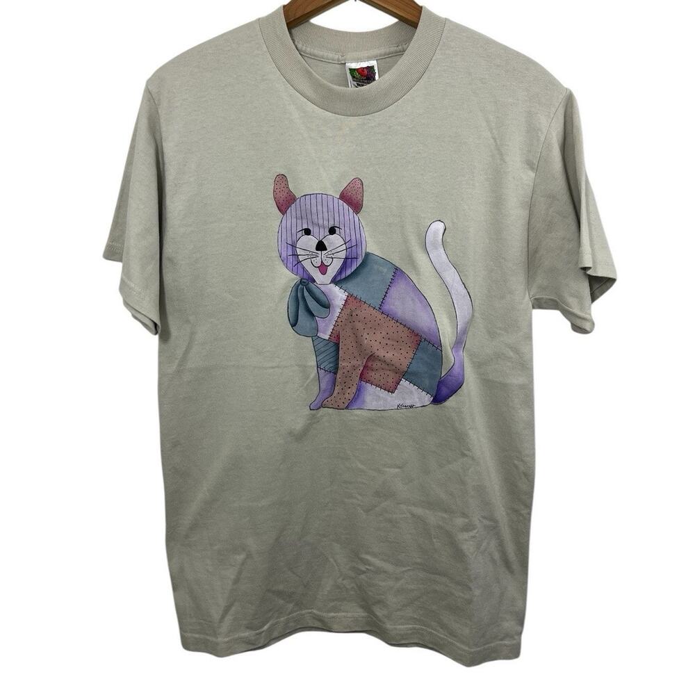 Cat T-shirt Beige Grandmacore Y2K Patchwork Medium Cat Lady Painted Catcore VTG